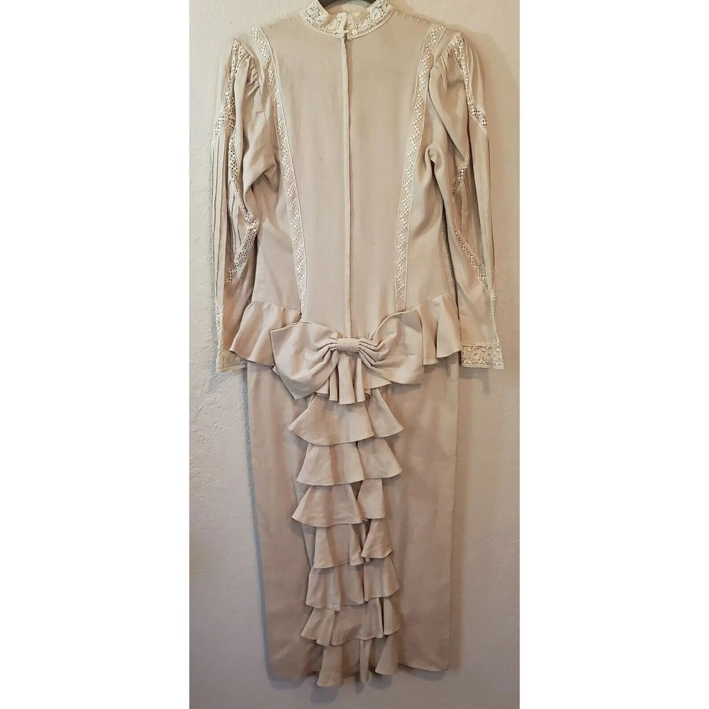 Jessica McClintock Vintage Beige Linen Peplum Ruffle Dress Exquisite, Sz 6